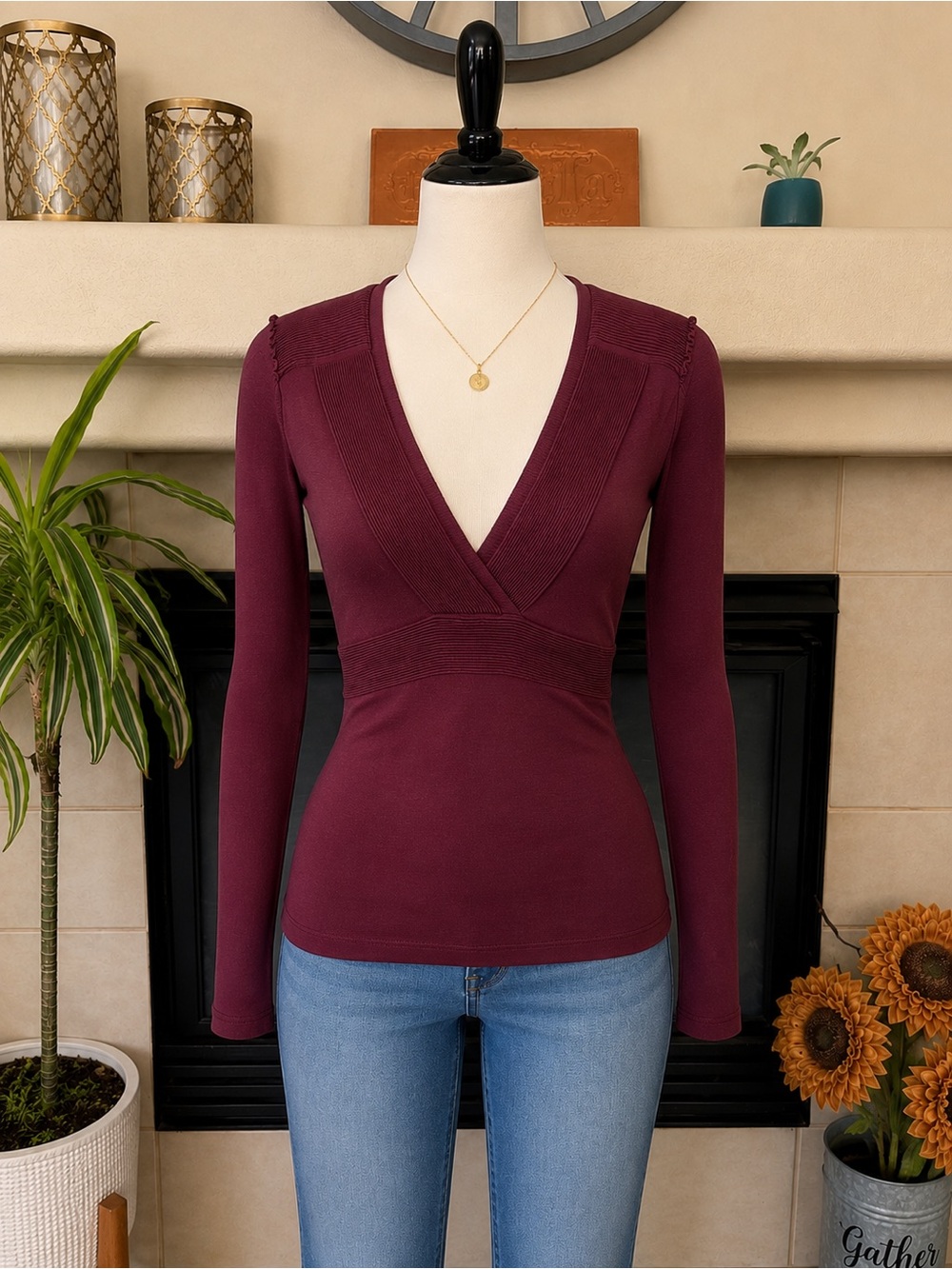 Burberry Burgundy Deep V Ribbed Long-Sleeve Top